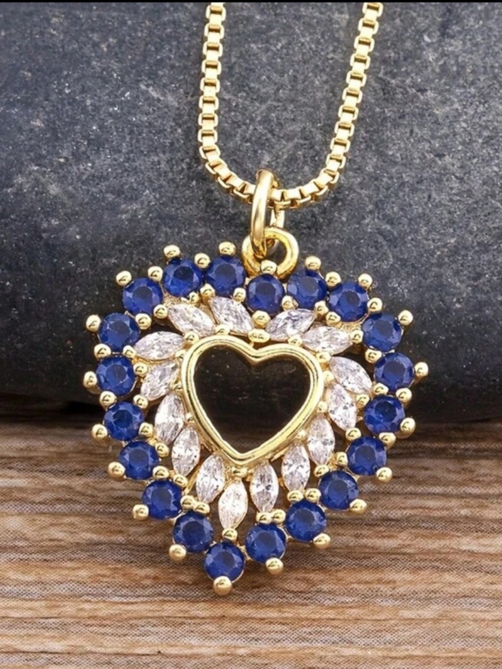 Gold Heart Pendant Necklace with Blue and White Stones